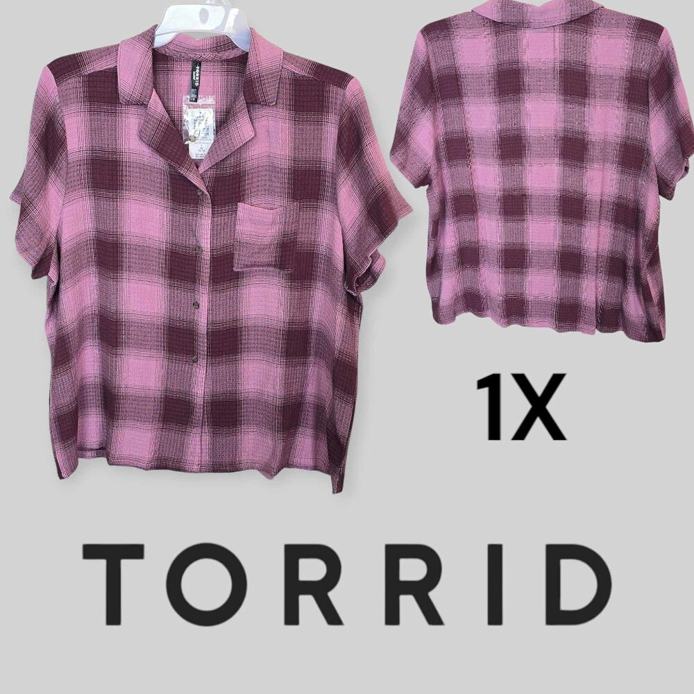 TORRID Women Glauze Button Short Sleeve Shirt Plaid New Size 1X